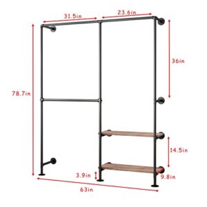 IronJiaZu Industrial Pipe Clothes Racks with Black Shelves, Industrial Pipe Black Clothing Rack with Double Hanging Rods, Heavy Duty Wall Mounted Clothing Rack Rod for Closet Storage, Bedroom