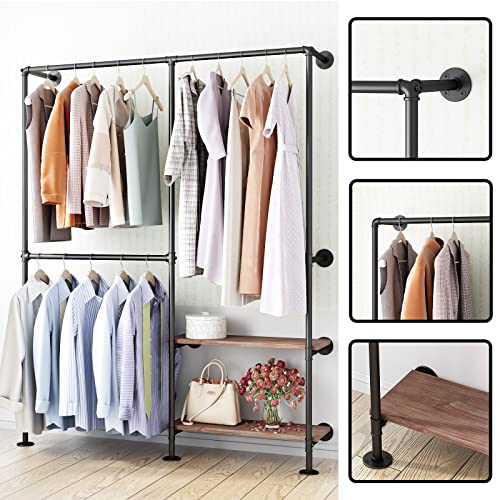 IronJiaZu Industrial Pipe Clothes Racks with Black Shelves, Industrial Pipe Black Clothing Rack with Double Hanging Rods, Heavy Duty Wall Mounted Clothing Rack Rod for Closet Storage, Bedroom