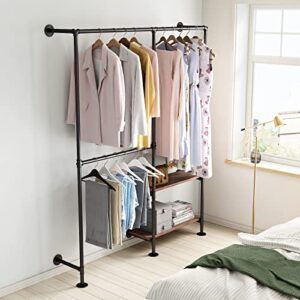 IronJiaZu Industrial Pipe Clothes Racks with Black Shelves, Industrial Pipe Black Clothing Rack with Double Hanging Rods, Heavy Duty Wall Mounted Clothing Rack Rod for Closet Storage, Bedroom