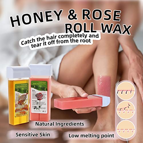 Roll on Waxing Kit for Hair Removal, Roll Waxing Kit for Women Men, Wax Heater with 2 Wax Roller Cartridge Refill for Legs Arms and Underarm(Wax Heater 1, Wax Paper 100, Pre&After Wax Oil)