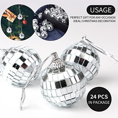 24 Pcs Silver Disco Mirror Ball for Party Decoration, Christmas Tree Wedding Birthday Party Ornaments (1.18 inch)