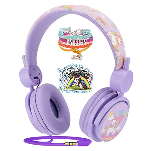 Joofooby Kids Unicorns Headphones with Mic for Travel/Car/Plane/School,Unicorns Gifts for Girls with Gifts Box,On/Over Ear HD Stereo with 95dB Volume Limited,Wired Headsets with Nylon Cable (Purple)