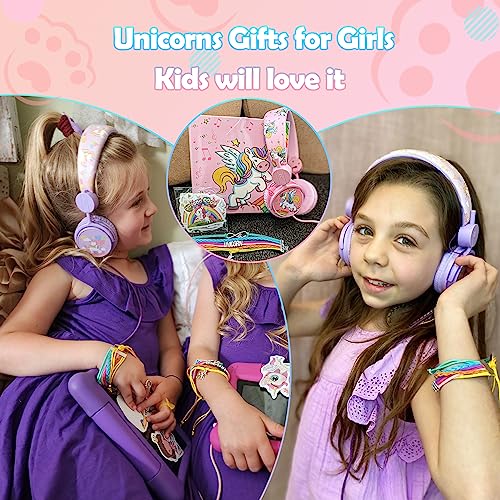 Joofooby Kids Unicorns Headphones with Mic for Travel/Car/Plane/School,Unicorns Gifts for Girls with Gifts Box,On/Over Ear HD Stereo with 95dB Volume Limited,Wired Headsets with Nylon Cable (Purple)