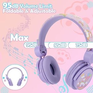 Joofooby Kids Unicorns Headphones with Mic for Travel/Car/Plane/School,Unicorns Gifts for Girls with Gifts Box,On/Over Ear HD Stereo with 95dB Volume Limited,Wired Headsets with Nylon Cable (Purple)