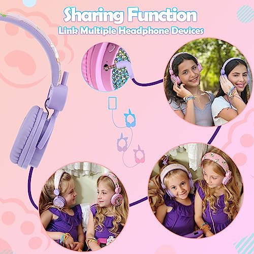 Joofooby Kids Unicorns Headphones with Mic for Travel/Car/Plane/School,Unicorns Gifts for Girls with Gifts Box,On/Over Ear HD Stereo with 95dB Volume Limited,Wired Headsets with Nylon Cable (Purple)