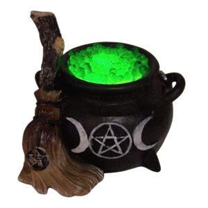 Light Up Cauldron with a Broom Figurine, Freestanding Tabletop Decoration, Halloween or Gothic Décor, 3 Inches