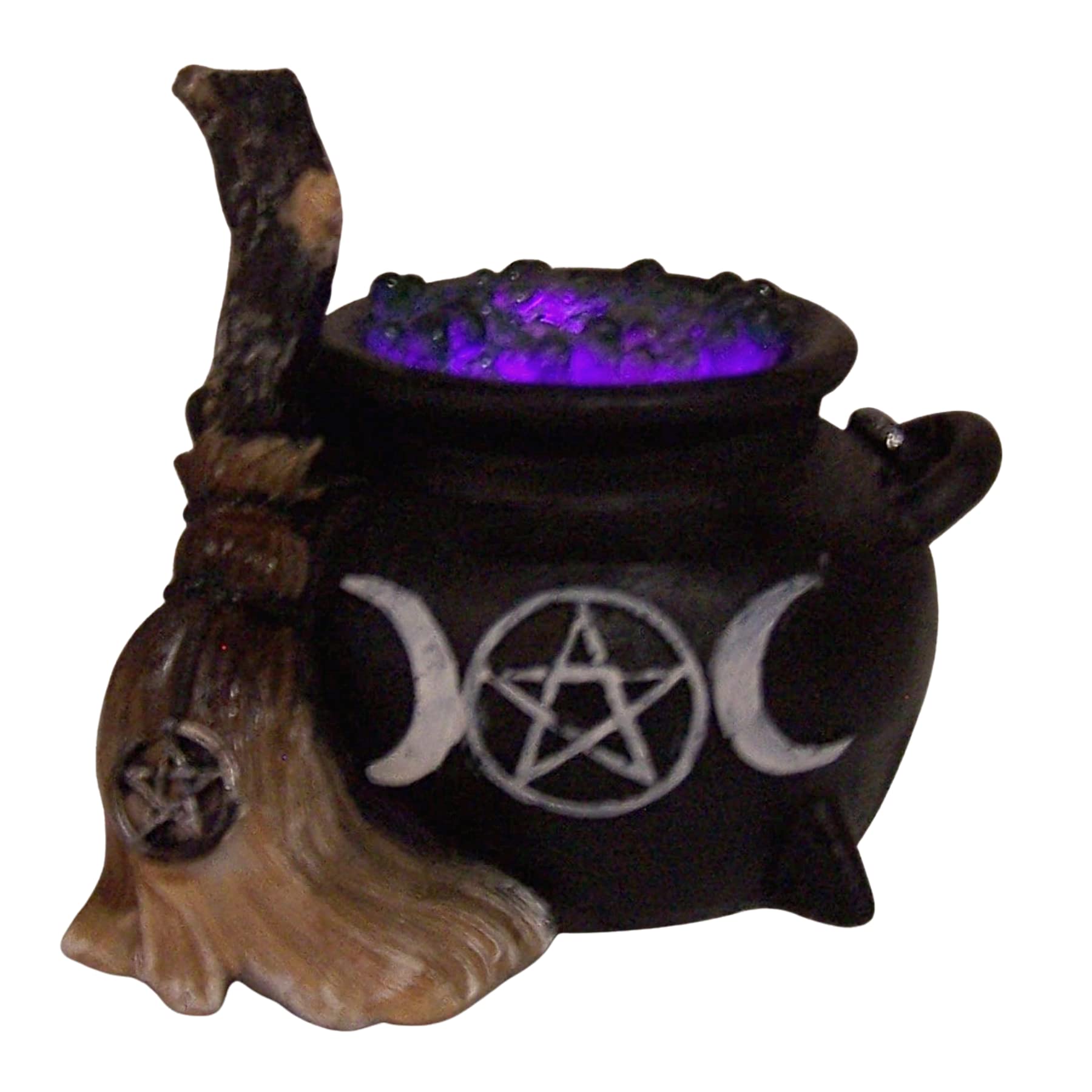 Light Up Cauldron with a Broom Figurine, Freestanding Tabletop Decoration, Halloween or Gothic Décor, 3 Inches