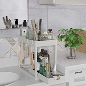 2PC Under Sink Organizer Rack 2 Tier Under Sliding Cabinet Basket Organizer Drawer with 4 Hooks, Multi-purpose Under Sink Storage for Bathroom Kitchen Desktop（White）