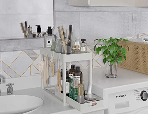 2PC Under Sink Organizer Rack 2 Tier Under Sliding Cabinet Basket Organizer Drawer with 4 Hooks, Multi-purpose Under Sink Storage for Bathroom Kitchen Desktop（White）