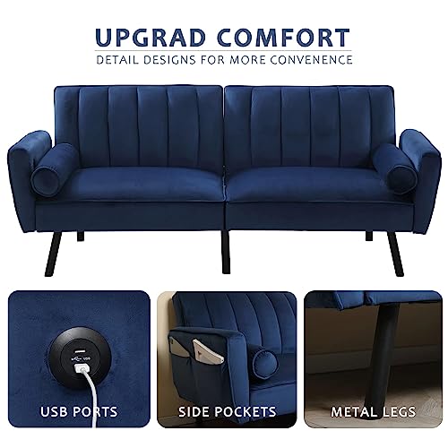 DURASPACE Velvet Loveseat Sleeper Sofa 74" Convertible Futon Couch with USB, Loveseat Coach for Dorm, Apartment, Bonus Room,Compact Living Space (Navy Blue)