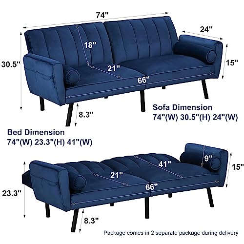 DURASPACE Velvet Loveseat Sleeper Sofa 74" Convertible Futon Couch with USB, Loveseat Coach for Dorm, Apartment, Bonus Room,Compact Living Space (Navy Blue)