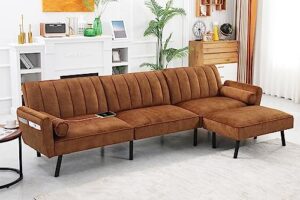 duraspace velvet sectional convertible sofa with chaise, 107" l shape sectional sofa couch with usb, split back folding futon couch for living room (caramel brown)