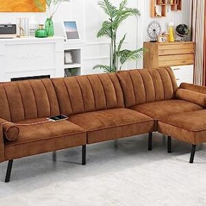DURASPACE Velvet Sectional Convertible Sofa with Chaise, 107" L Shape Sectional Sofa Couch with USB, Split Back Folding Futon Couch for Living Room (Caramel Brown)