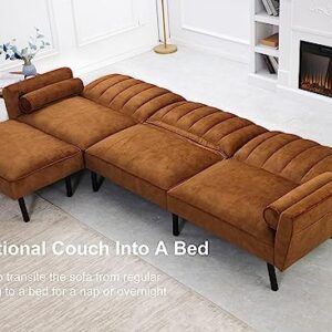 DURASPACE Velvet Sectional Convertible Sofa with Chaise, 107" L Shape Sectional Sofa Couch with USB, Split Back Folding Futon Couch for Living Room (Caramel Brown)