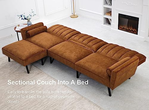 DURASPACE Velvet Sectional Convertible Sofa with Chaise, 107" L Shape Sectional Sofa Couch with USB, Split Back Folding Futon Couch for Living Room (Caramel Brown)