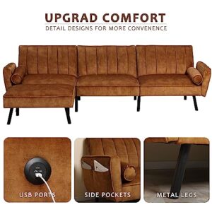 DURASPACE Velvet Sectional Convertible Sofa with Chaise, 107" L Shape Sectional Sofa Couch with USB, Split Back Folding Futon Couch for Living Room (Caramel Brown)