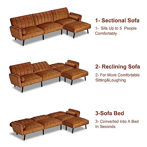 DURASPACE Velvet Sectional Convertible Sofa with Chaise, 107" L Shape Sectional Sofa Couch with USB, Split Back Folding Futon Couch for Living Room (Caramel Brown)