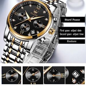 OLEVS Mens Watches Fashion Gold Silver For Men Big Face Luxury Black Dial Analog Quartz Men's Watch Chronograph Classic Stainless Steel Waterproof Date Business Two Tone Male