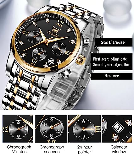 OLEVS Mens Watches Fashion Gold Silver For Men Big Face Luxury Black Dial Analog Quartz Men's Watch Chronograph Classic Stainless Steel Waterproof Date Business Two Tone Male