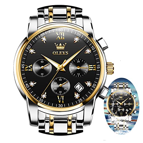 OLEVS Mens Watches Fashion Gold Silver For Men Big Face Luxury Black Dial Analog Quartz Men's Watch Chronograph Classic Stainless Steel Waterproof Date Business Two Tone Male