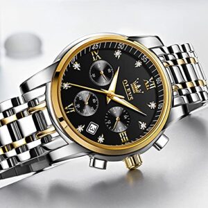 OLEVS Mens Watches Fashion Gold Silver For Men Big Face Luxury Black Dial Analog Quartz Men's Watch Chronograph Classic Stainless Steel Waterproof Date Business Two Tone Male