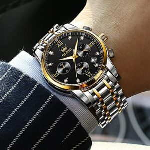 OLEVS Mens Watches Fashion Gold Silver For Men Big Face Luxury Black Dial Analog Quartz Men's Watch Chronograph Classic Stainless Steel Waterproof Date Business Two Tone Male
