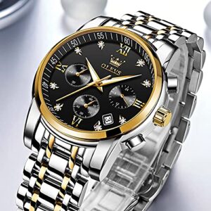 OLEVS Mens Watches Fashion Gold Silver For Men Big Face Luxury Black Dial Analog Quartz Men's Watch Chronograph Classic Stainless Steel Waterproof Date Business Two Tone Male