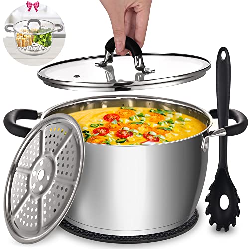 AOSION 6 Quart Stainless Steel Stockpot, All-In-One 6QT Stock Pot, Soup Pasta Pot with Lid, Cooking Pot, Induction Pot, Sauce Pot Compatible with All Stoves, Heat-Proof Double Handles, Dishwasher Safe