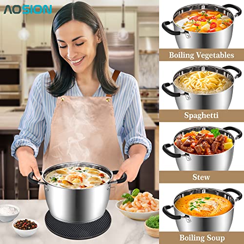 AOSION 6 Quart Stainless Steel Stockpot, All-In-One 6QT Stock Pot, Soup Pasta Pot with Lid, Cooking Pot, Induction Pot, Sauce Pot Compatible with All Stoves, Heat-Proof Double Handles, Dishwasher Safe