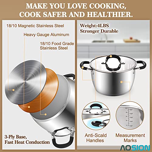 AOSION 6 Quart Stainless Steel Stockpot, All-In-One 6QT Stock Pot, Soup Pasta Pot with Lid, Cooking Pot, Induction Pot, Sauce Pot Compatible with All Stoves, Heat-Proof Double Handles, Dishwasher Safe