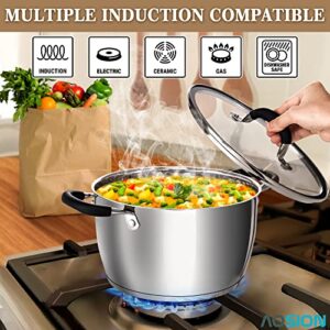 AOSION 6 Quart Stainless Steel Stockpot, All-In-One 6QT Stock Pot, Soup Pasta Pot with Lid, Cooking Pot, Induction Pot, Sauce Pot Compatible with All Stoves, Heat-Proof Double Handles, Dishwasher Safe