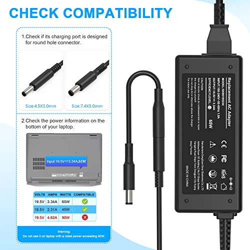 65W 45W 2 Tips Charger for Dell Laptop Charger,Replacement for All 65W 45W Dell inspiron 13 14 15 17 3000 5000 7000 Series laptops Round Connects Chargers（7.4mm and 4.5mm）