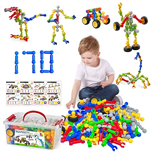 170 Pcs Building Toys for Kids Ages 4-8 with Toy Box Storage, Idea Guide, Building Blocks STEM Toys for 3 4 5 6 7 8 9 Year Old Creative Kids Activity, Christmas Birthday Gifts for Boys Girls