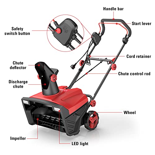 ECOMAX 19.5 Inch 15 AMP Corded Electric Snow Blower, with Double LED Lights, Overload Protection, 180° Rotatable Chute, Snow Thrower for Driveway Walking Path Yards, Model: ELG10, Black&Red