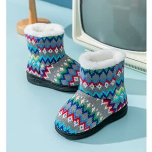 Anddyam Kids Fuzzy Warm Soft Boot Slipper Non-Slip House Shoes Outdoor Indoor Winter Knitted Cozy Warm Girls Boys Slipper Big Kid 4-6 blue