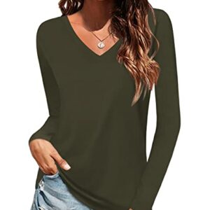 Elesomo Womens Long Sleeve T-Shirt Casual V-Neck Cotton Shirts Tops, Army Green XXL