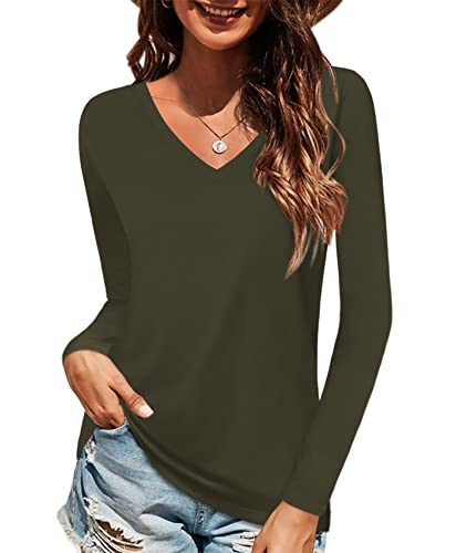 Elesomo Womens Long Sleeve T-Shirt Casual V-Neck Cotton Shirts Tops, Army Green XXL