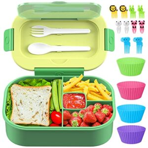 time4deals bento lunch box for kids/adult - leakproof 44oz lunch containers 4 compartment with cutlery, reusable child back to school meal/snack packing bpa free (green)