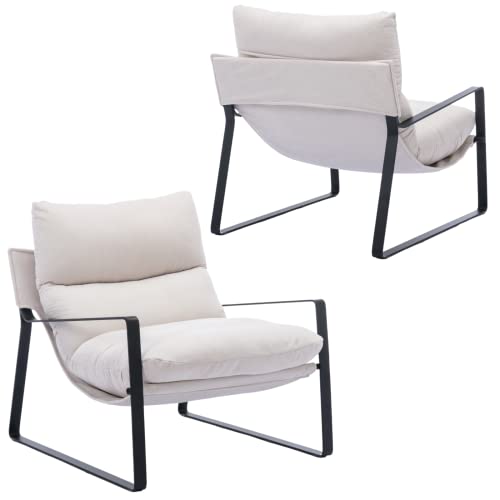 LukeAlon Modern Linen Accent Armchairs Set of 2, Upholstered Living Room Chairs with Metal Base Thickened Cushion Sofa Chairs Comfy Lounge Chair for Bedroom Living Room, White