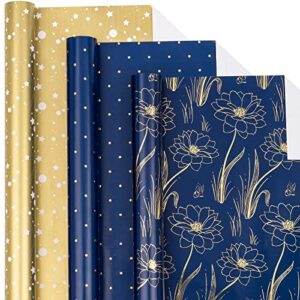 lezakaa floral wrapping paper roll - mini roll - gold stamping design - lotus/star/dot for wedding, bridal shower, birthday - 17 x 120 inches - 3 rolls (42.5 sq.ft.ttl.)
