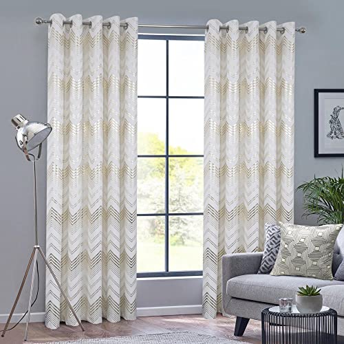 always4u Soft Velvet Foil Print Curtains 84 Inches Long White and Gold Chevron Curtains Luxury Window Treatment White 2 Panels 54 * 84 Inches