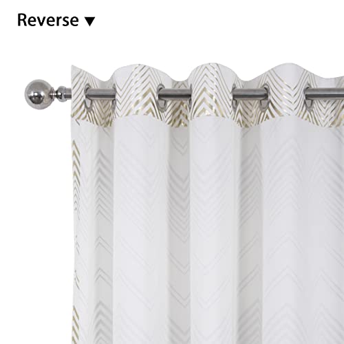 always4u Soft Velvet Foil Print Curtains 84 Inches Long White and Gold Chevron Curtains Luxury Window Treatment White 2 Panels 54 * 84 Inches