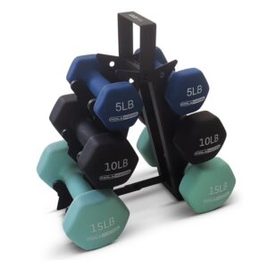 holahatha hex dumbbell weight training home gym equipment set with 5, 10, and 15 pound fitness hand weights with storage organizer rack, multicolor