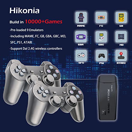Hikonia Wireless Retro Game Console, Plug and Play Video Games 4K HDMI Output for TV, Classic Game Stick Built in 10000+ Games with 9 Emulators and 2 Wireless Controller 2.4G for Kids & Adults