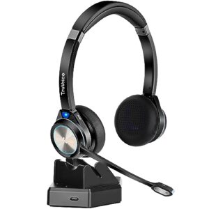 truvoice bt65 wireless usb headset with hi-fi audio and noise canceling microphone - v5.2 bluetooth fast charging base and 15hr talk time - multi connectivity with both computer and cell phone.