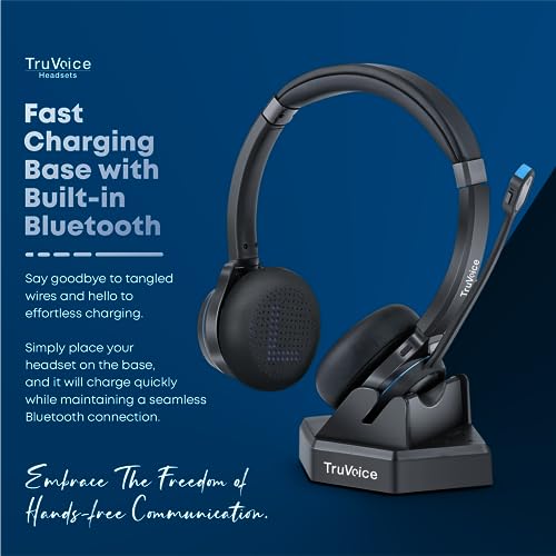 TruVoice BT65 Wireless USB Headset with Hi-Fi Audio and Noise Canceling Microphone - v5.2 Bluetooth Fast Charging Base and 15hr Talk time - Multi Connectivity with Both Computer and Cell Phone.