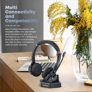 TruVoice BT65 Wireless USB Headset with Hi-Fi Audio and Noise Canceling Microphone - v5.2 Bluetooth Fast Charging Base and 15hr Talk time - Multi Connectivity with Both Computer and Cell Phone.