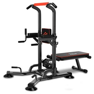 squatz pull-up workout station with bench - multifunctional gym equipment setup w/pulling bar, sit-up board, backrest, elbow pad, & steel main frame, great for home exercise and weight training