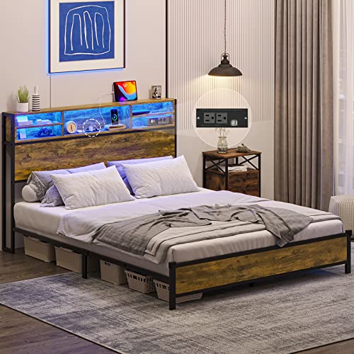 Tiptiper LED Bed Frame Queen Size with Storage Headboard, USB Ports & AC Outlets, Industrial Metal Platform Bed with LED Lights, No Box Spring Needed, Rustic Brown