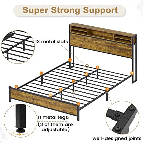 Tiptiper LED Bed Frame Queen Size with Storage Headboard, USB Ports & AC Outlets, Industrial Metal Platform Bed with LED Lights, No Box Spring Needed, Rustic Brown